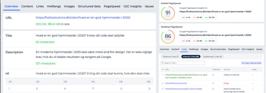 Sitecheck SEO værktøj viser forskellige data